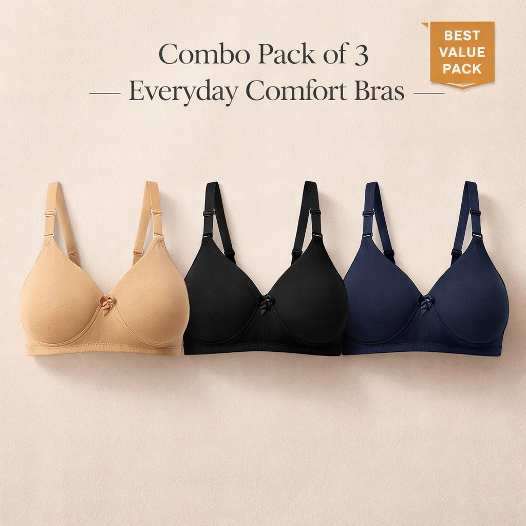 The Essential Trio: 3-Pack Padded Polyamide Bras (32B) – Black, Navy & Beige Seamless Comfort Bundle