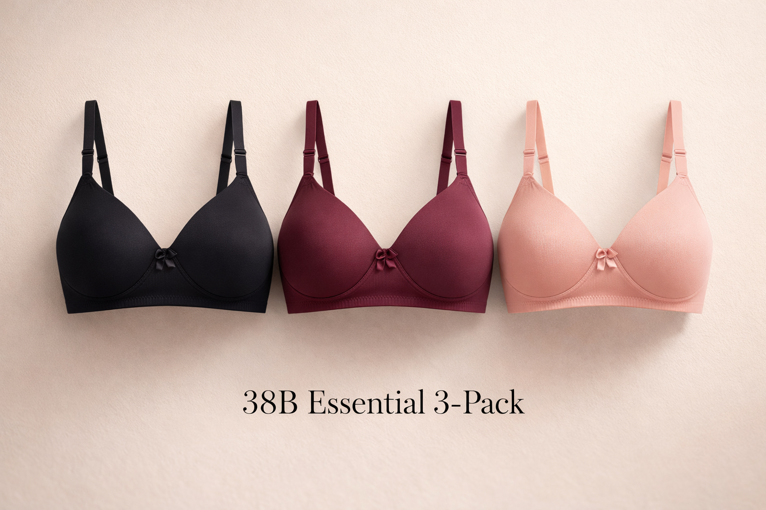The Essential Trio: 3-Pack Padded Bras (38B) – Black, Maroon & Peach | Seamless Polyamide Comfort Bundle