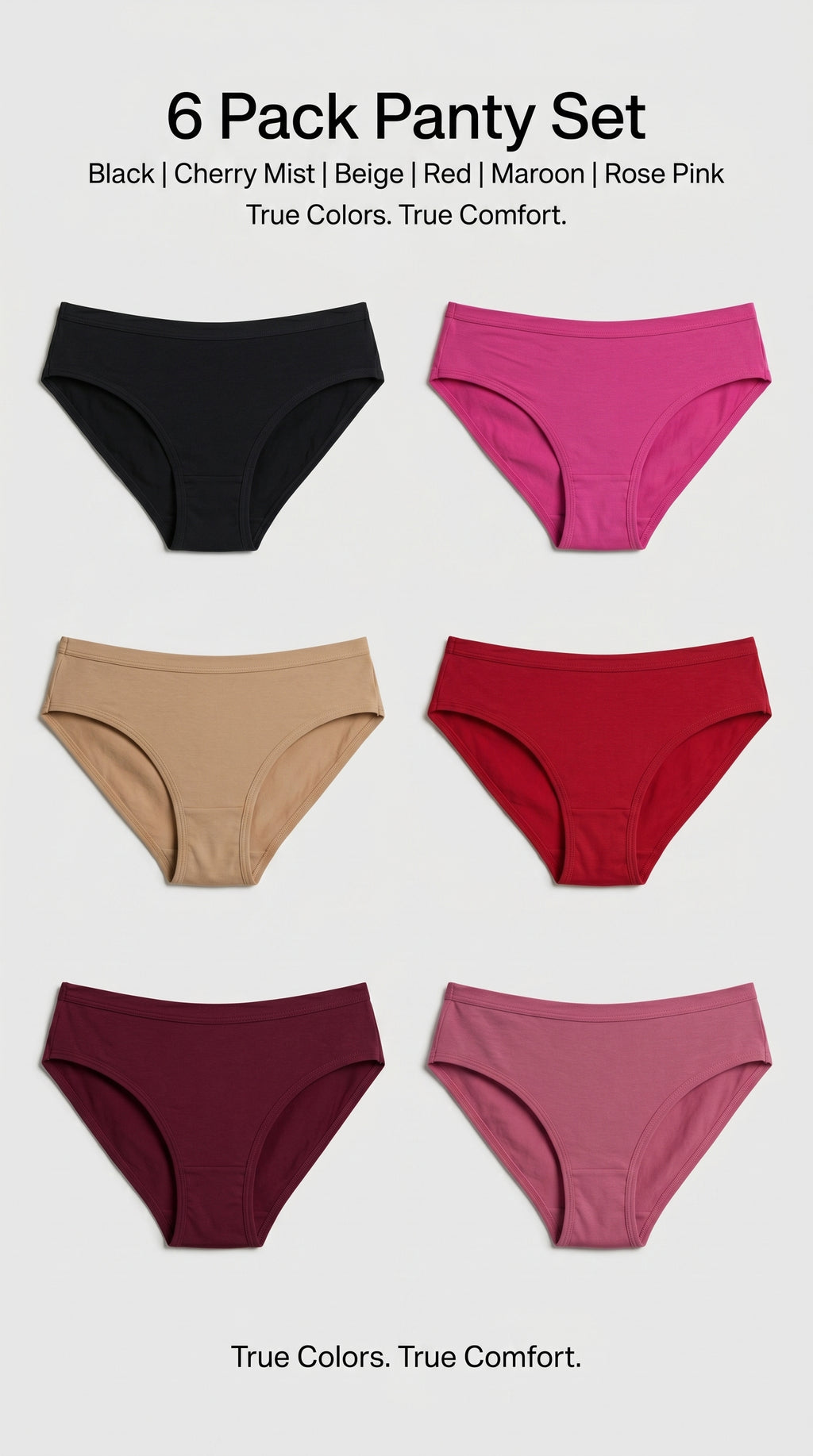 Women’s Cotton Bikini Panties Pack of 6 (Black, Beige, Red, Maroon & Rose Pink Shades) | Soft Stretch Daily Wear Innerwear Combo
