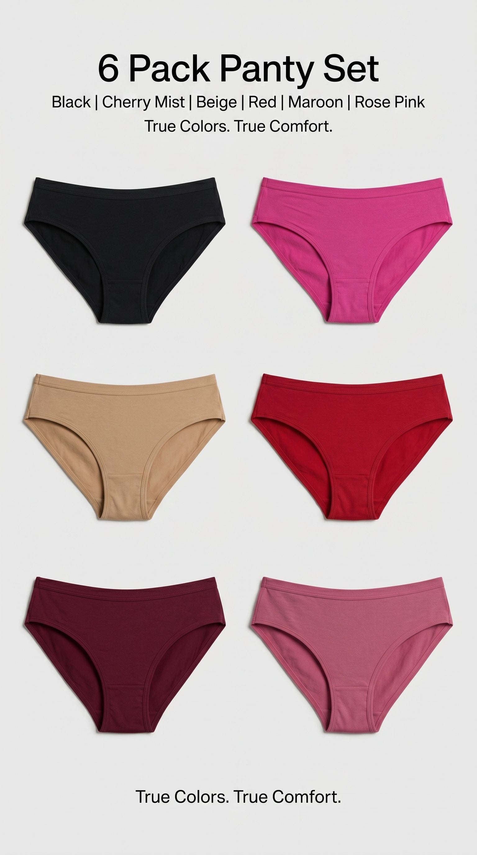 Women’s Cotton Bikini Panties Pack of 6 (Black, Beige, Red, Maroon & Rose Pink Shades) | Soft Stretch Daily Wear Innerwear Combo