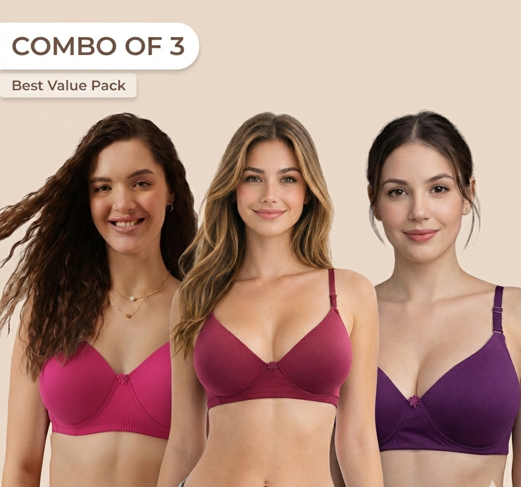 Combo of 3 Cotton Padded Bras – Pink, Maroon & Purple | Soft Everyday Comfort | Best Value Pack