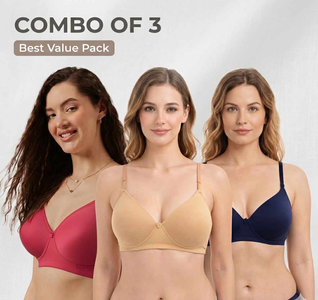 Cotton Padded Bra Combo Pack of 3 – Pink, Nude & Navy Blue | Soft Daily Wear | Best Value Pack