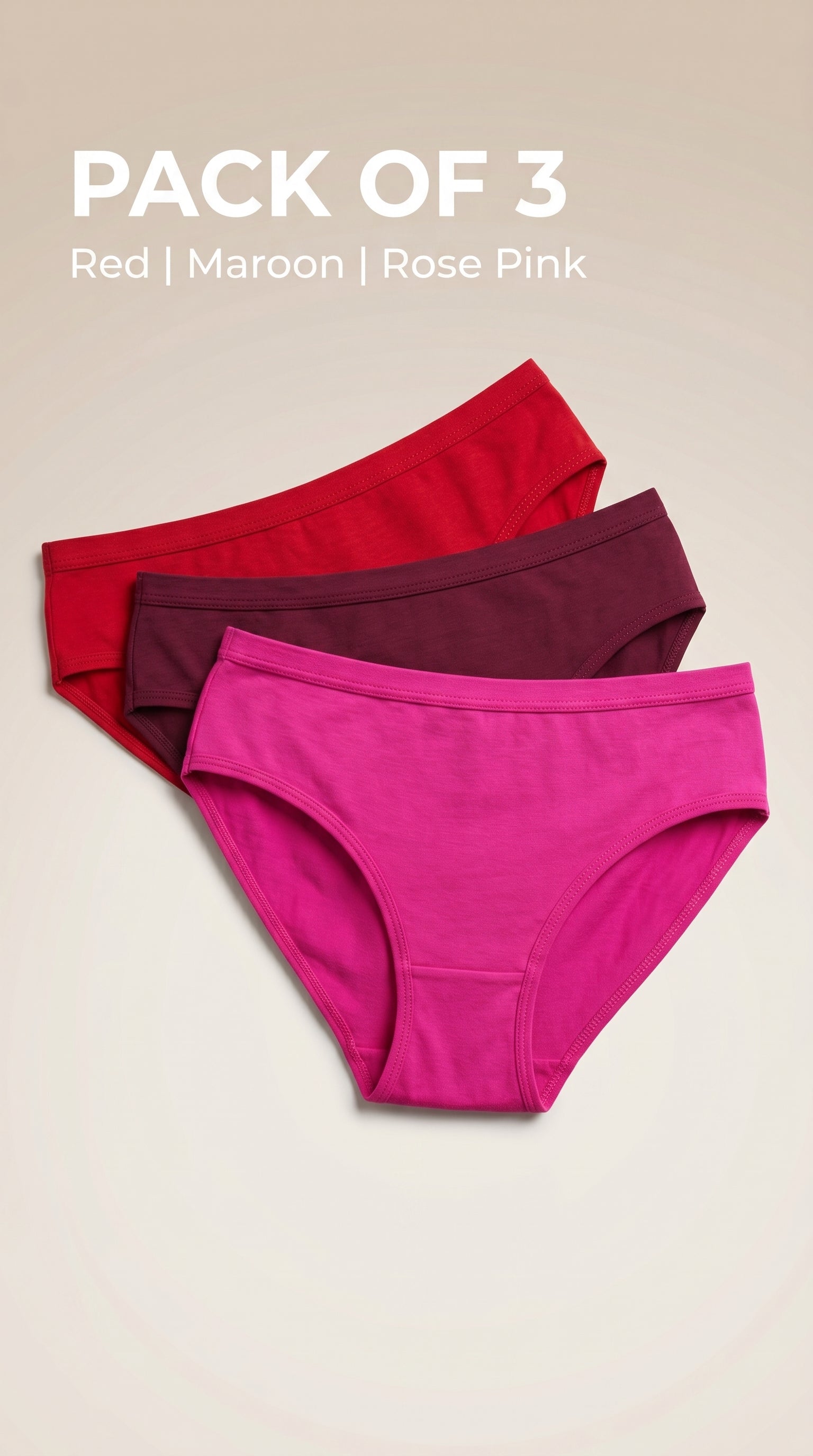 Luxe 3-Pack Briefs in Vibrant Red, Deep Maroon, and Rose Pink